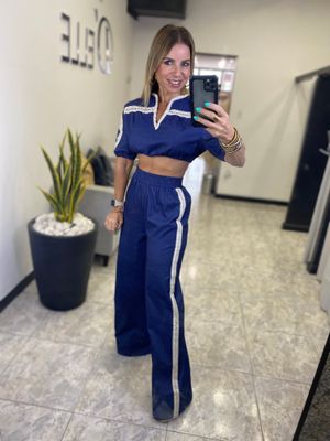 D. Denim Lace Detail Crop Top And Pants Set