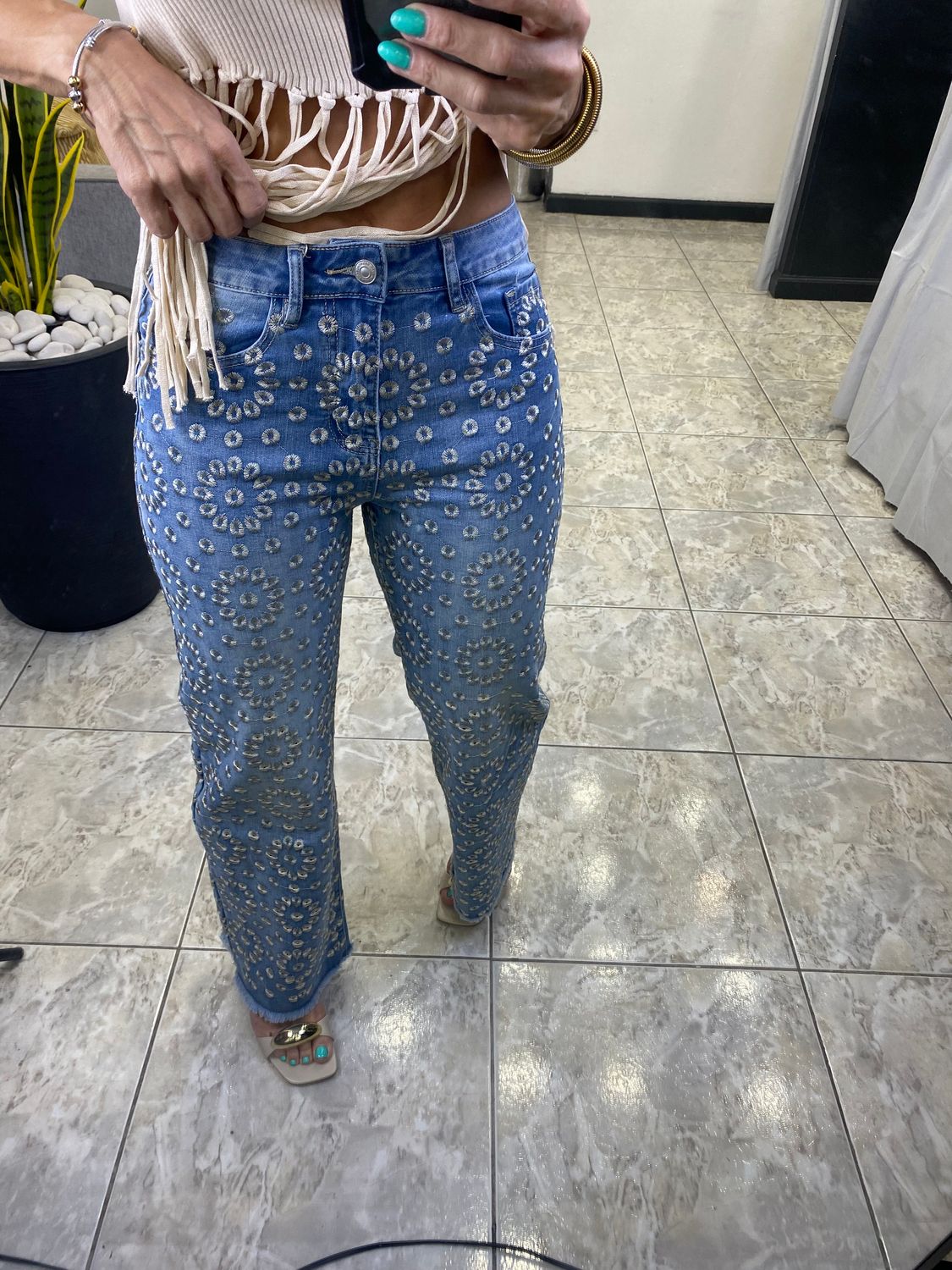 Medium Denim Cream Embroided Jean