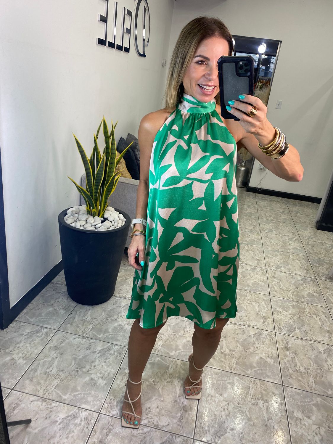Green Satin Halter Dress