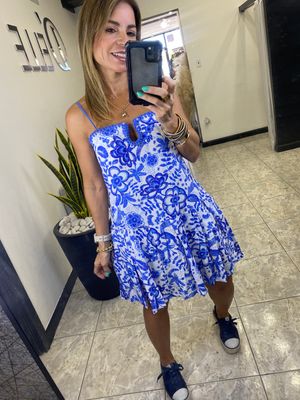 Blue Floral Print Adjustable Strap Dress