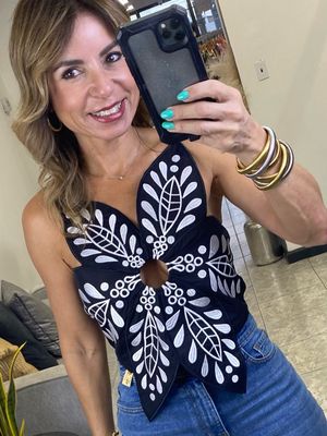 Black Or White Linen Flower Top