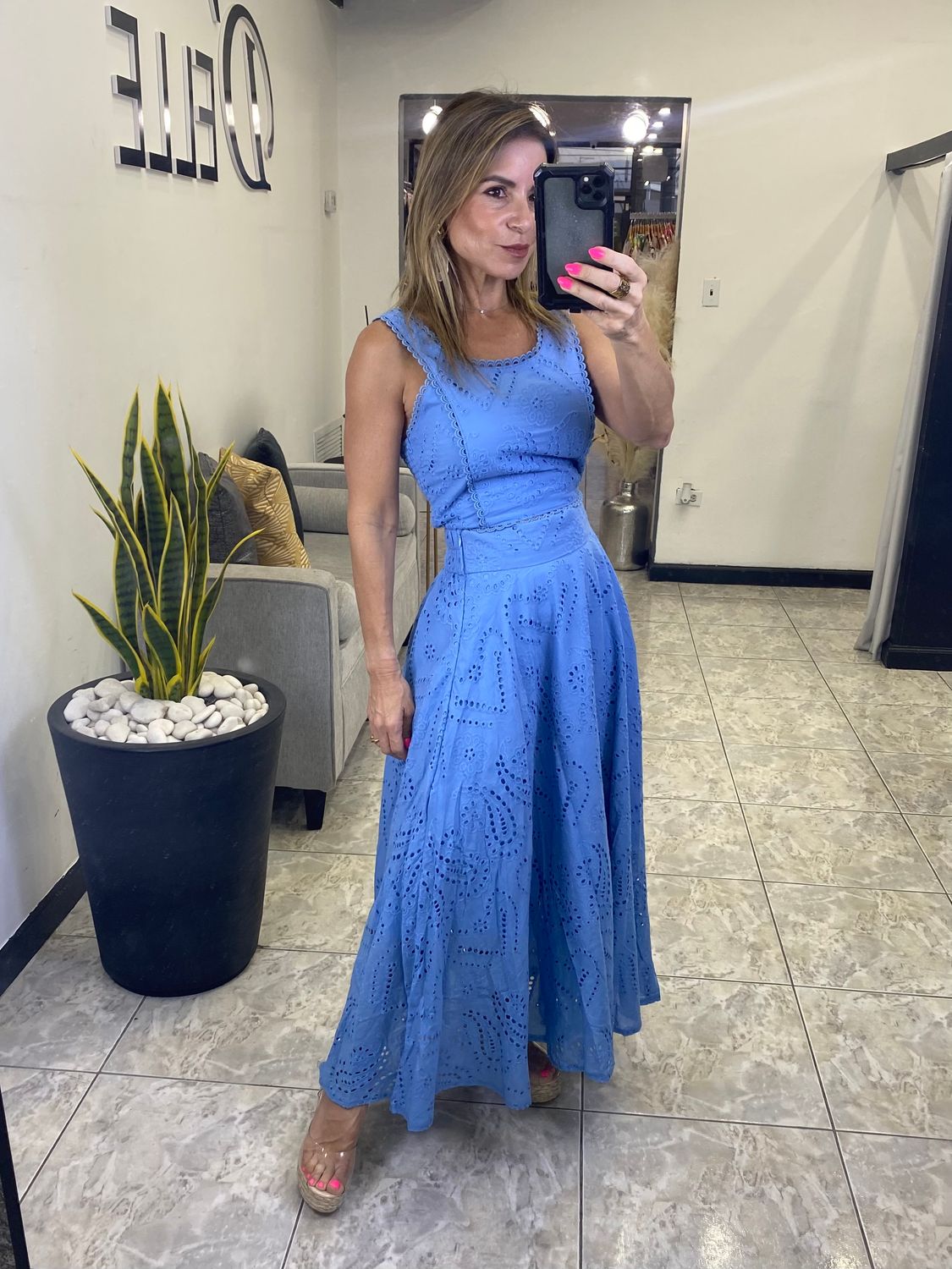 Ocean Blue Eyelet Long Skirt Set