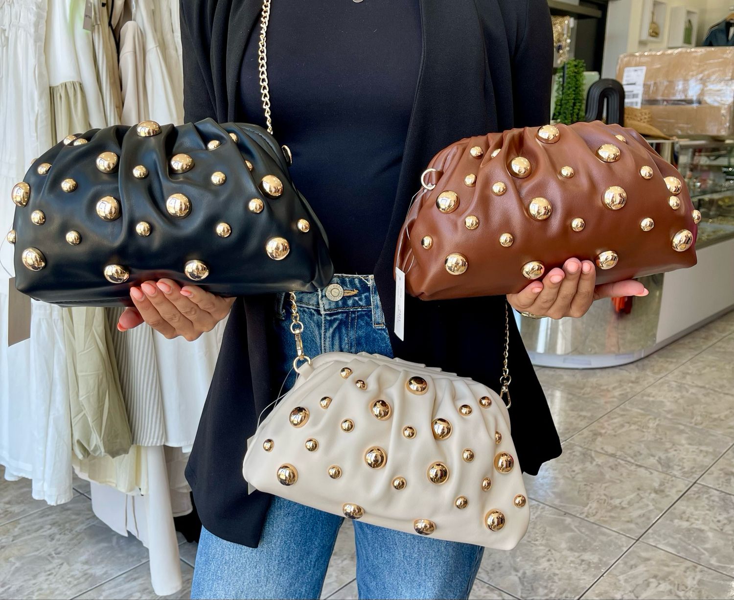 Black, Brown or Ivory Studded Crossbody Bag