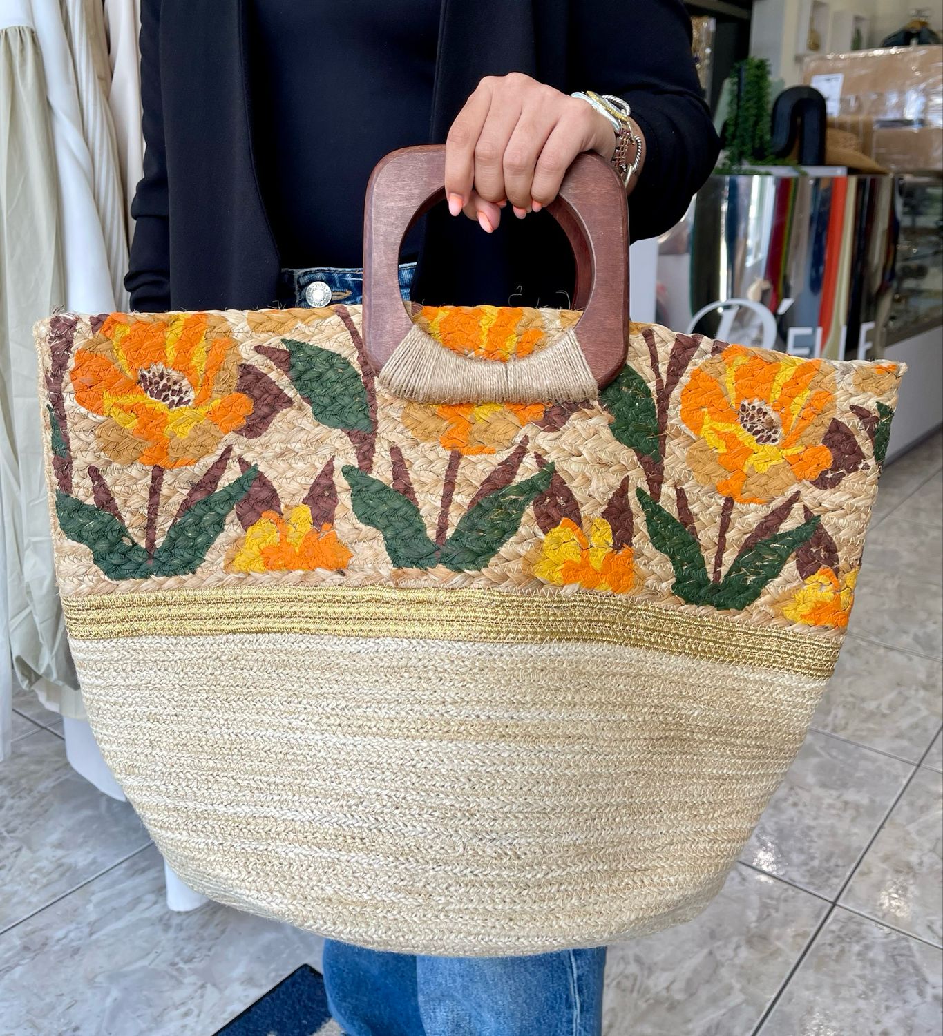 Orange Flower Hamper Hand Bag