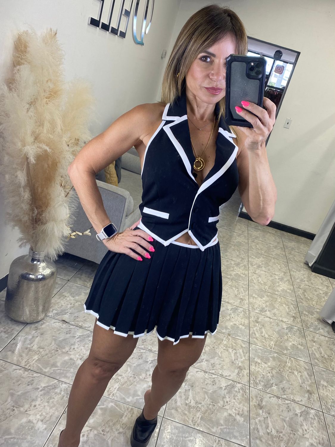 Black/White Contrast Detail Vest And Mini Skort Set