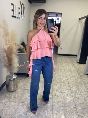 Peach, Lt Blue Or White Ruffles Top Tie On Back
