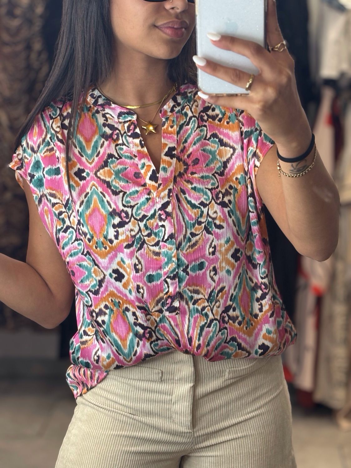 Fuschia Combo/ Violet Combo Printed Split V Neck Top