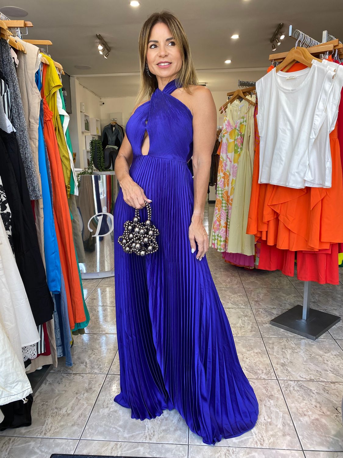 Royal Blue Pleated Cross Over Maxi Dress