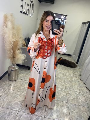 Taupe Big Orange Flower Dress