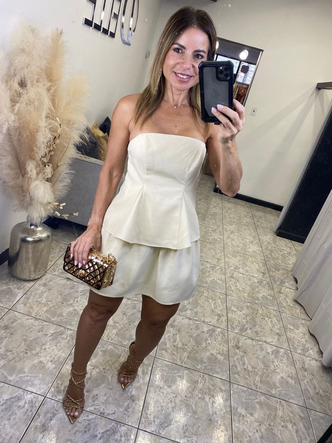 Sand Strapless Top And Mini Skirt Set
