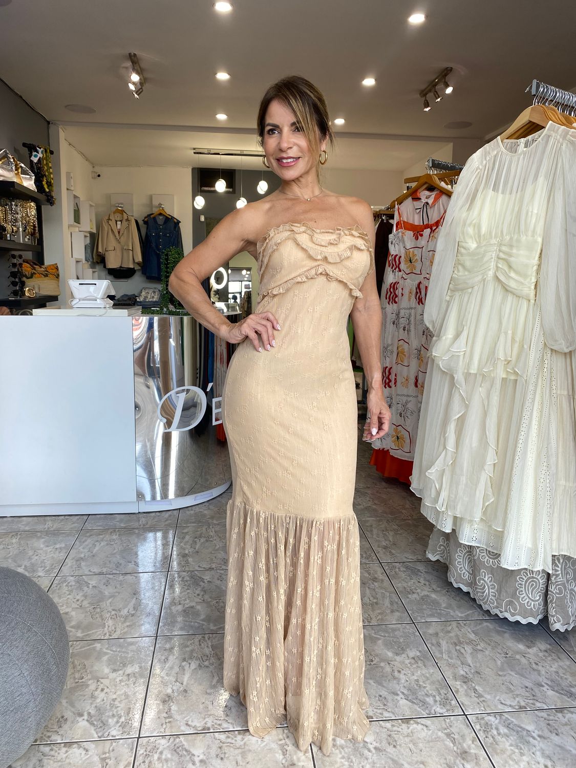 Taupe Strapless Lace Maxi Dress