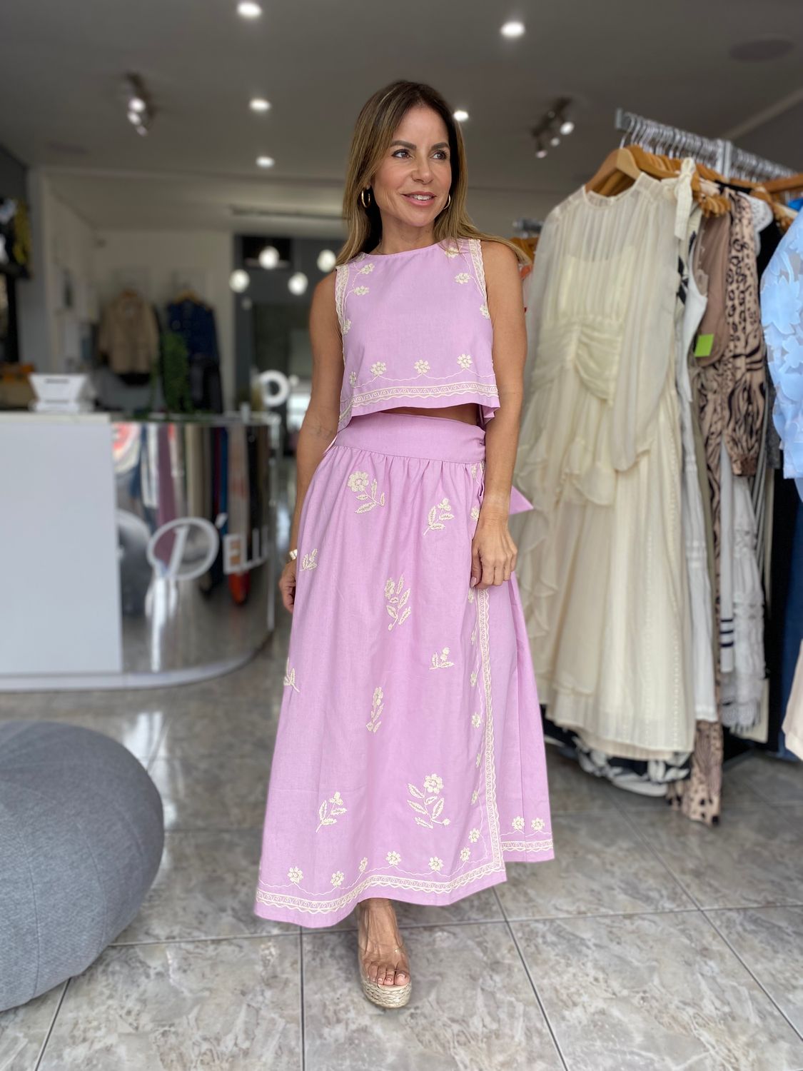 Lavender Embroidered Top And Skirt Set