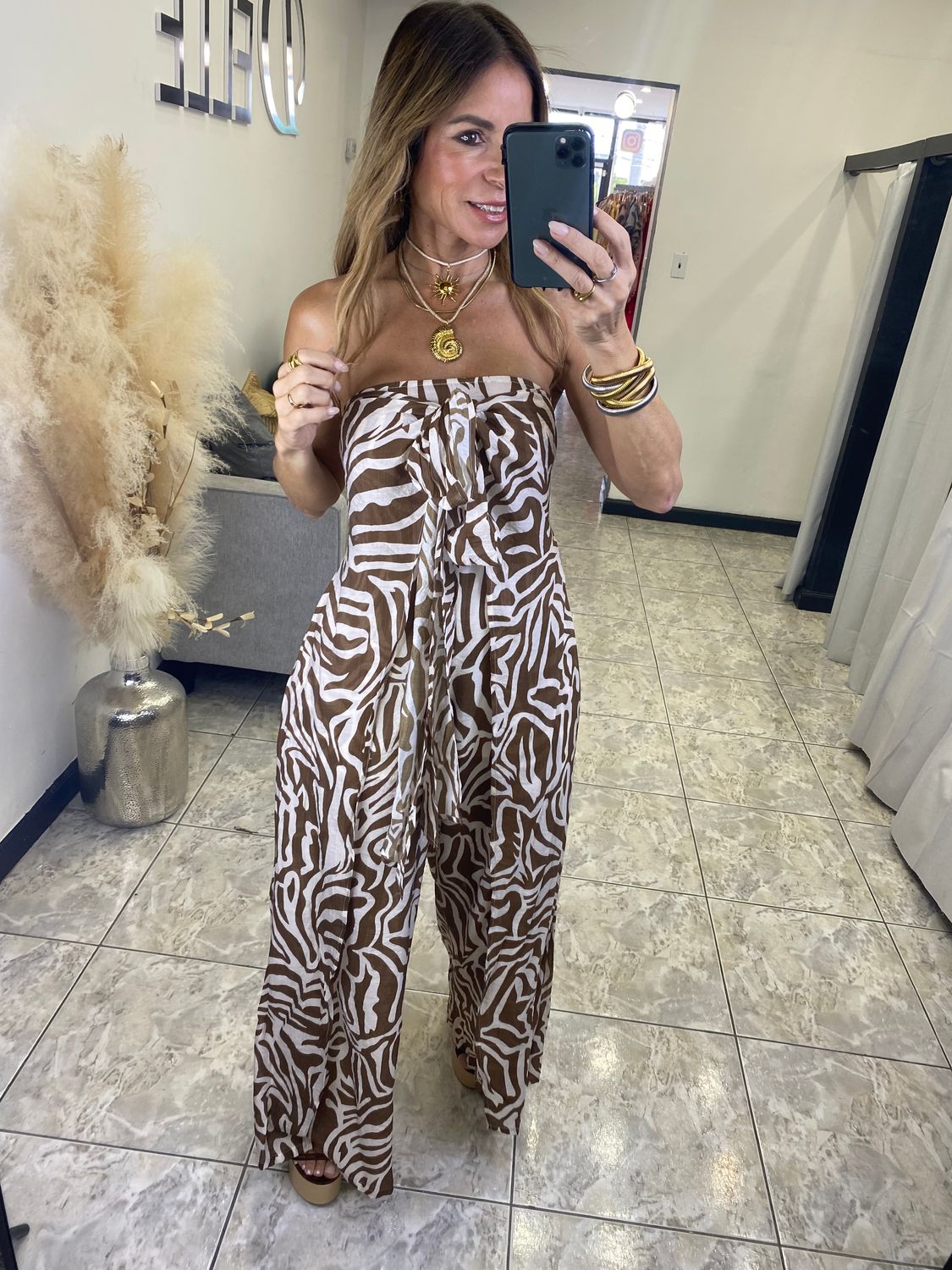 Creme-Chocolate Strapless Jumpsuit