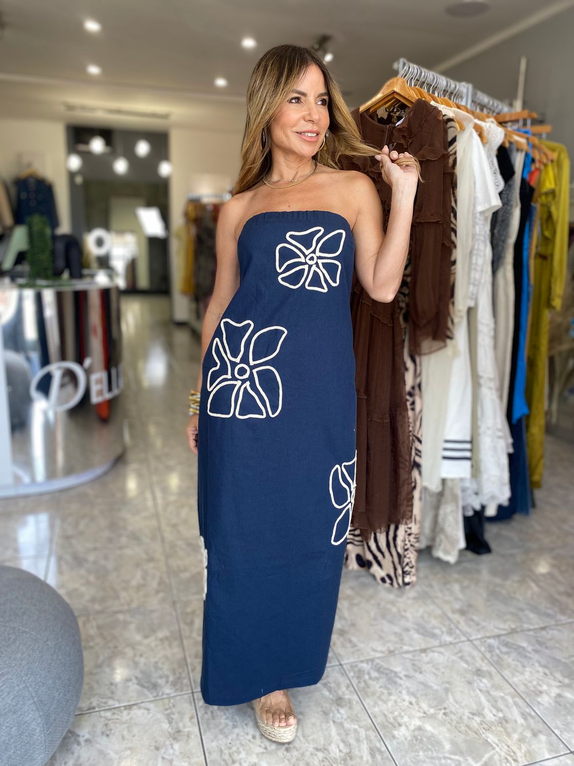 Dark Navy Embroided Flower Dress