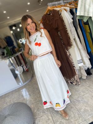 White Cherry Detail Skirt Set