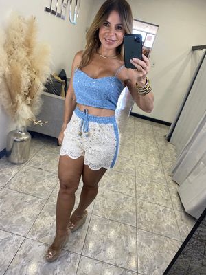 Sky Blue Rhinestone Crochet Short Set