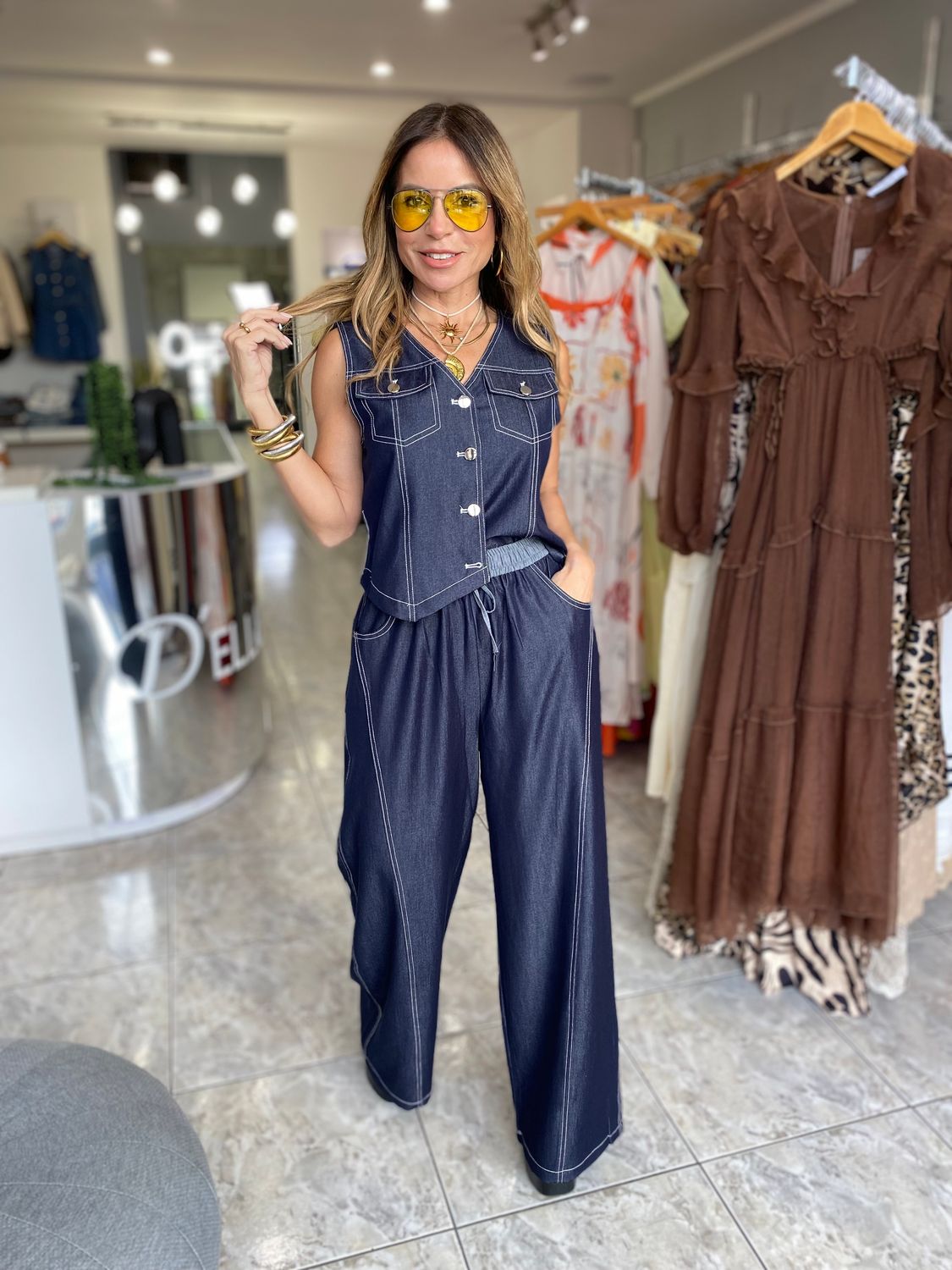 Dark Blue Denim Vest Long Pant Set