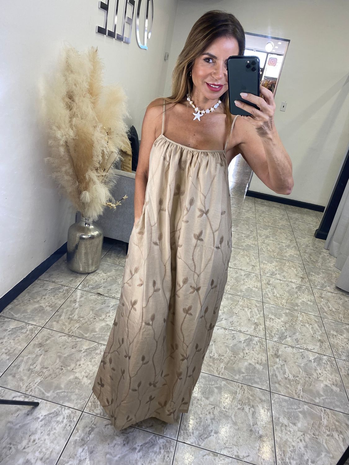 Taupe Floral Embroidery Dress