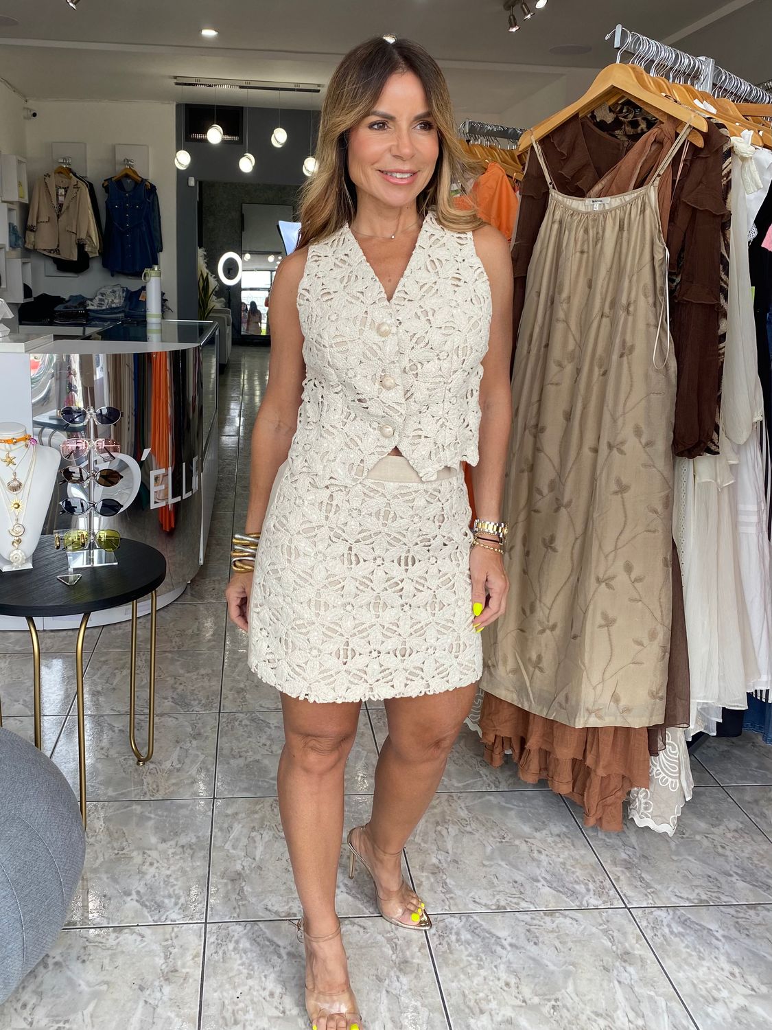 Linen Beige Crochet Skirt Set