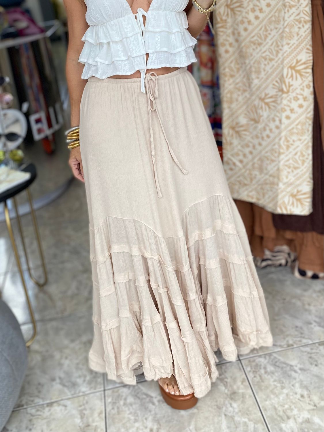 Natural  Tie Front Tiered Skirt