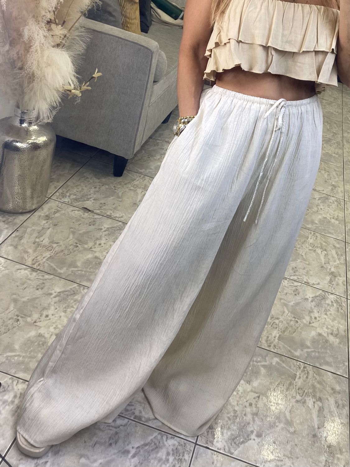 Linen Drawstring Wide Leg Pants