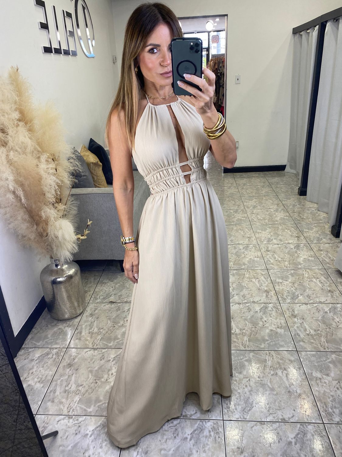 Taupe Halter Open Back Maxi Dress