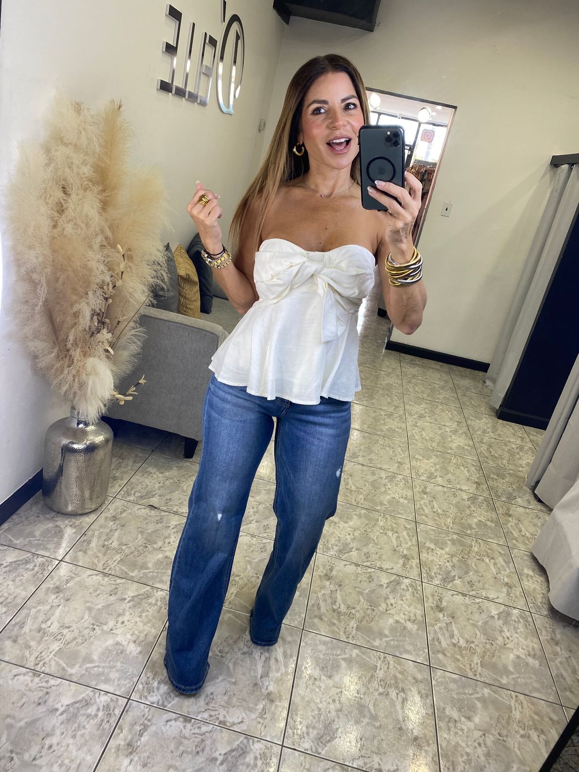 White Strapless Linen Twist Front Top