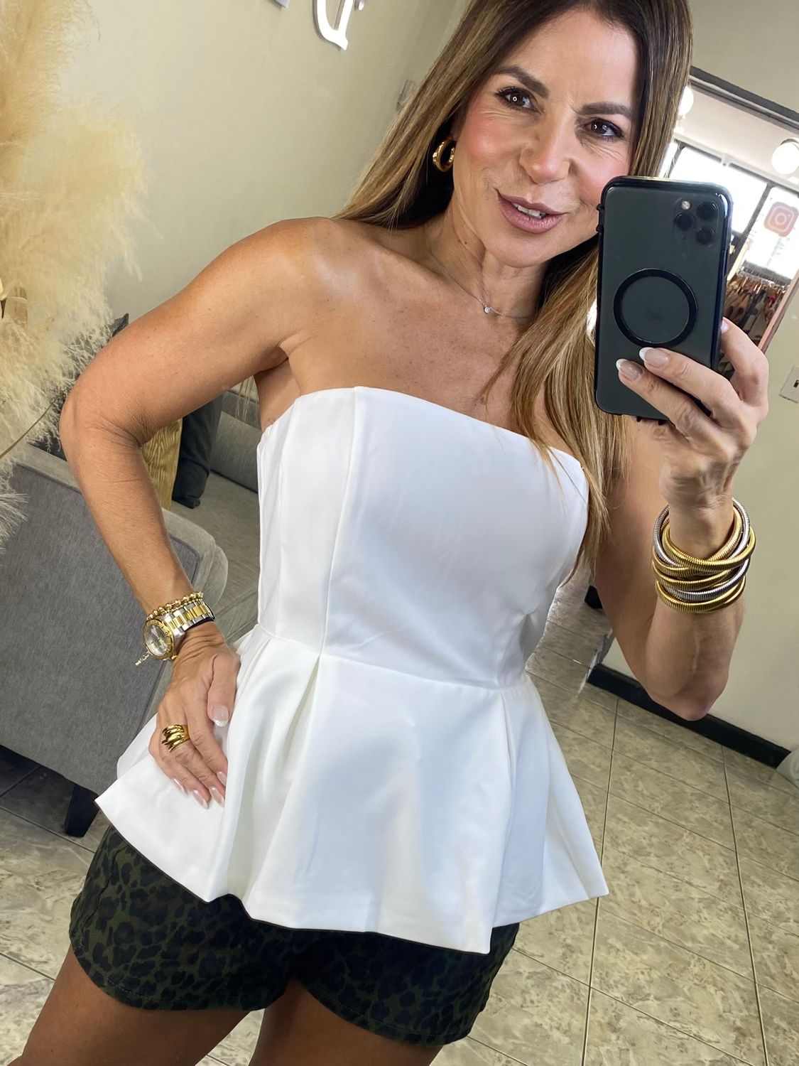 White Or Beige Strapless Peplum Top