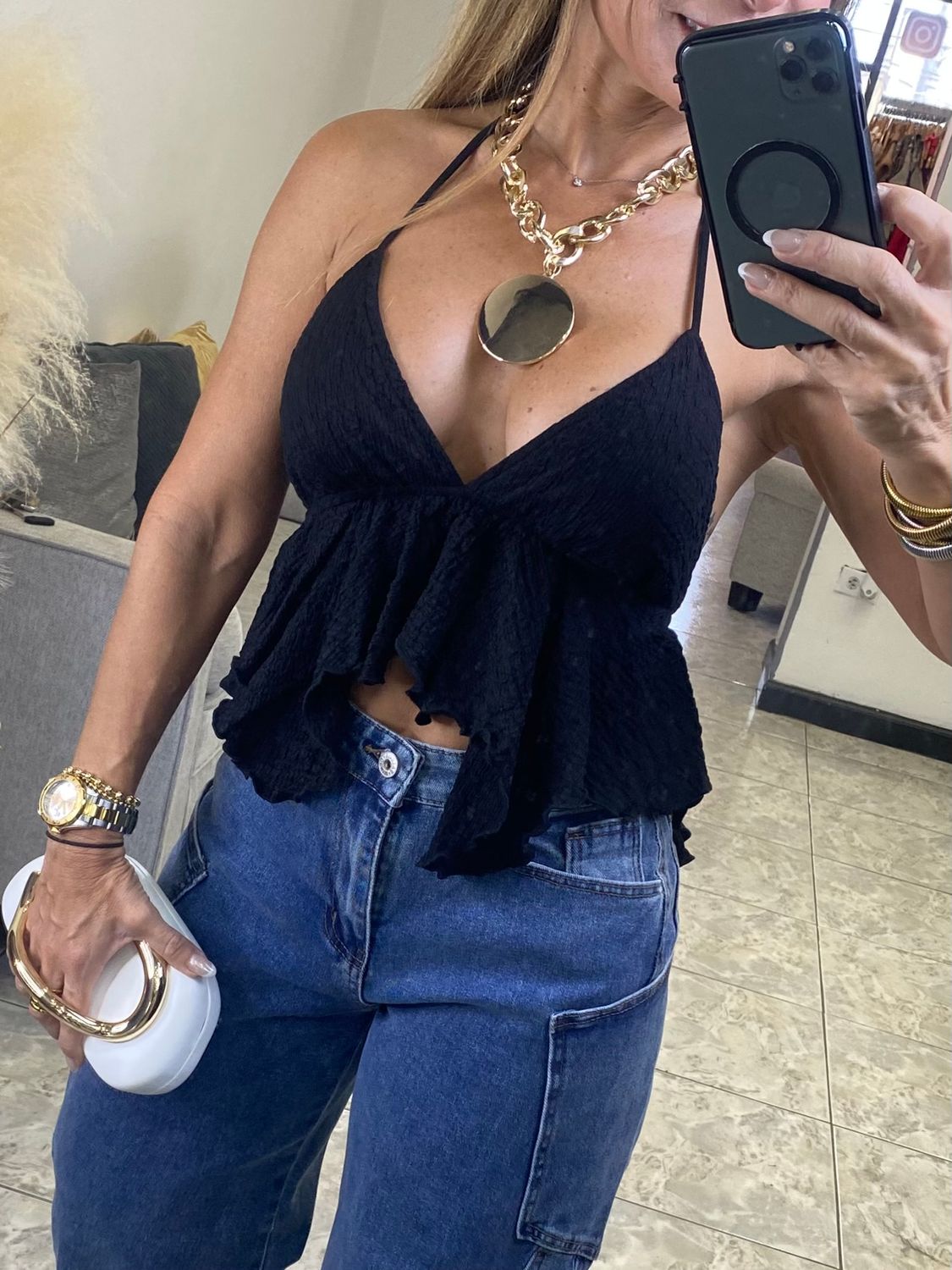 Black Asymmetric Ruffle Crop Top