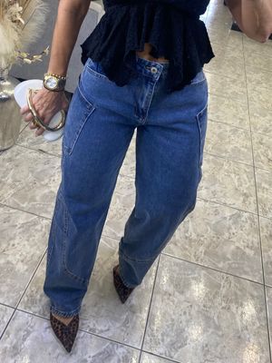Medium Blue High Rise Barrel Jeans 
