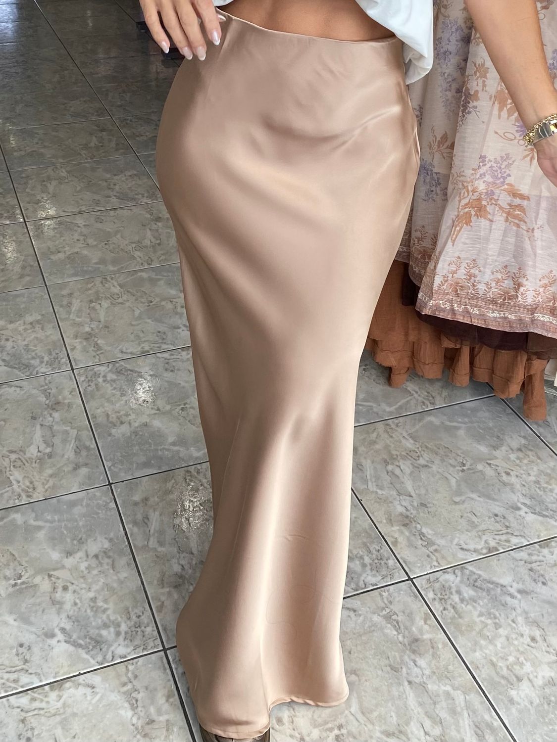 Taupe Long Satin Skirt