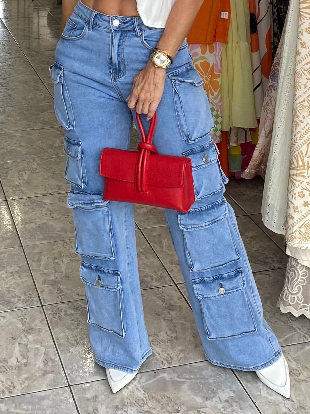 Light Denim Multi Cargo Pants