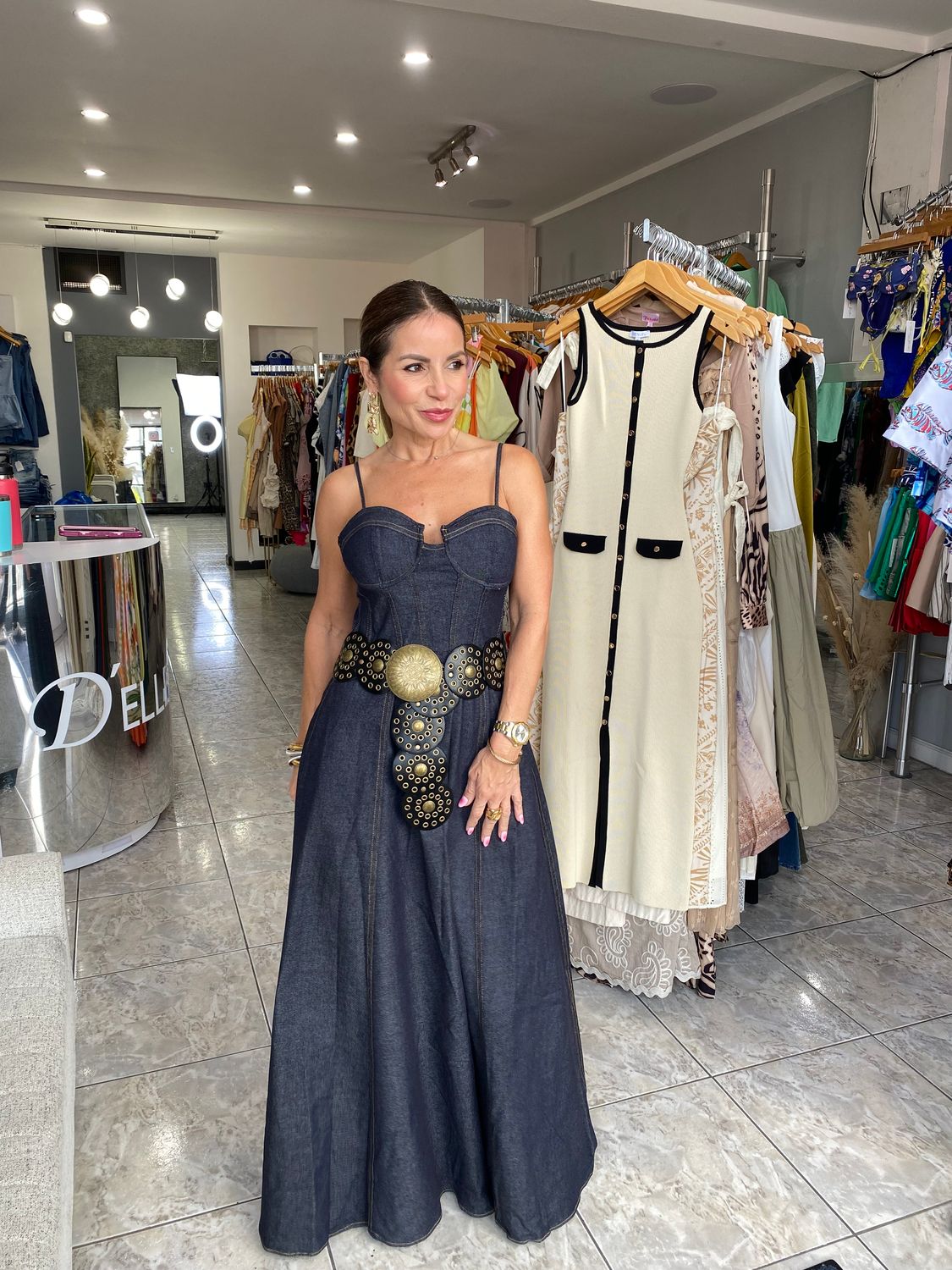 Dark Denim Maxi Dress With Belt 