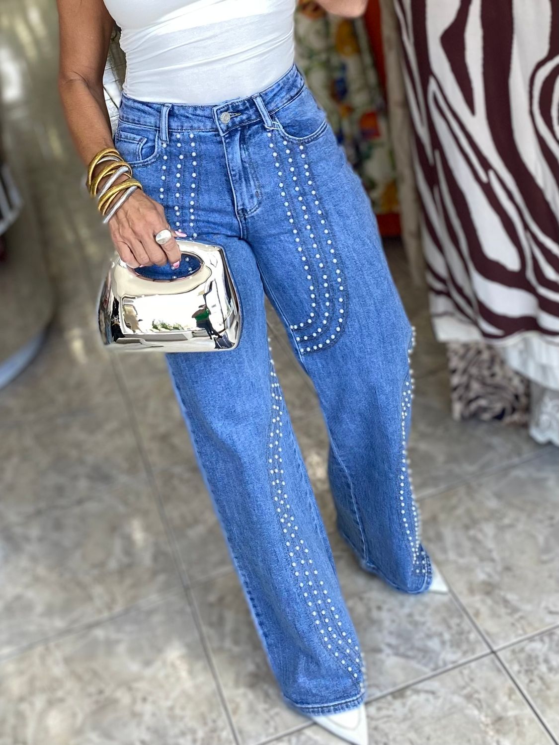 Denim Wash Pearl Detail Pants 