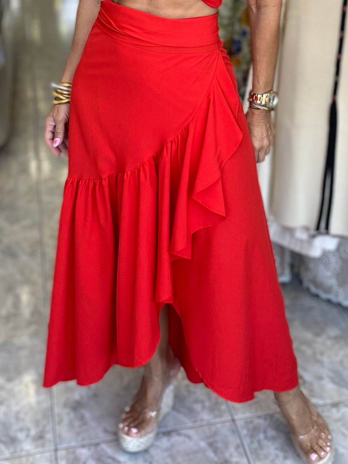 Mocha, Red &amp; White Wrap Skirt