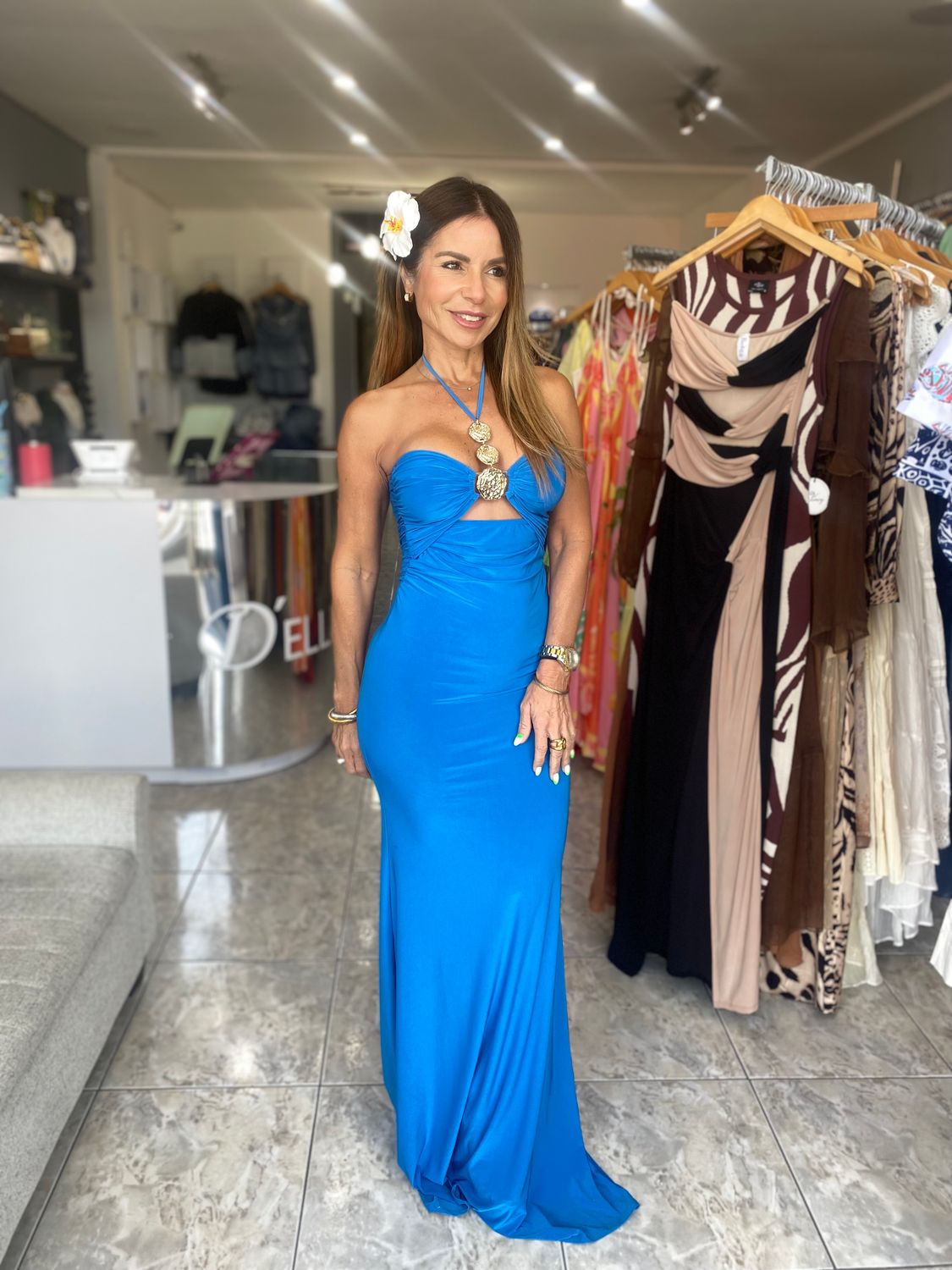 Water Blue Slim Long Dress