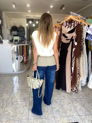 Beige/Denim Color Block Pants W/pockets