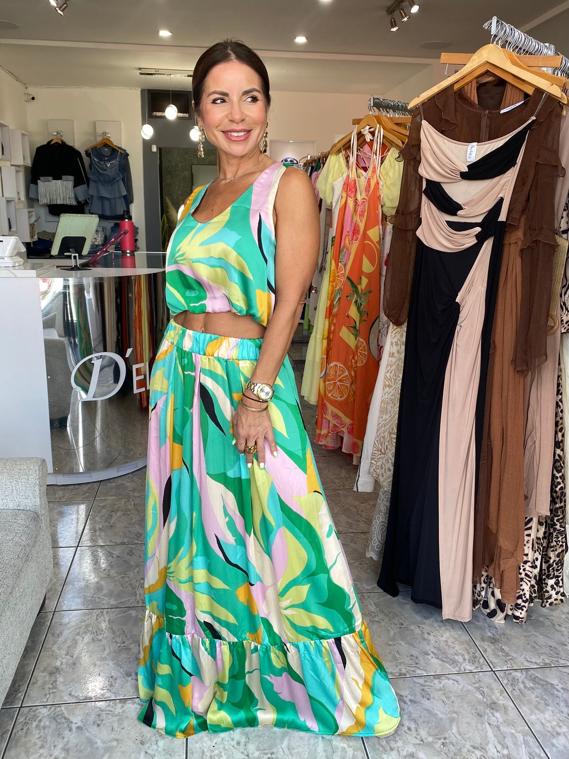 Green Tiered Maxi Skirt And V-neck Crop Top Set