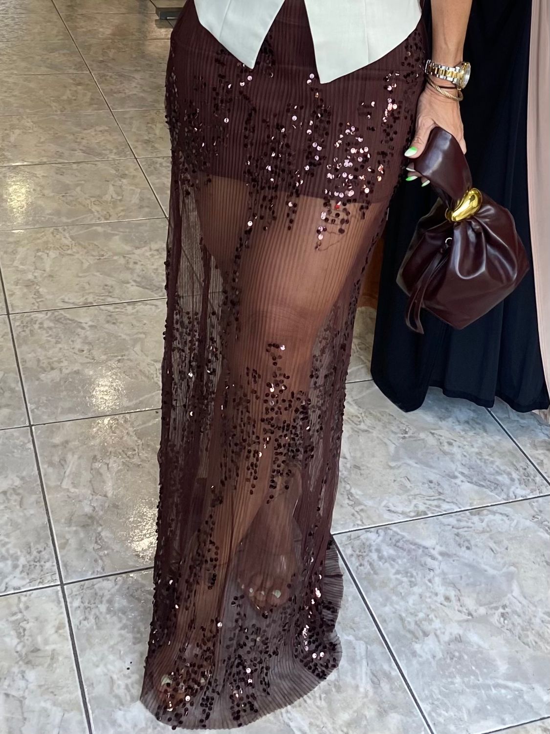 Dark Brown Sequins Long Skirt