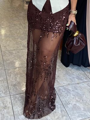 Dark Brown Sequins Long Skirt