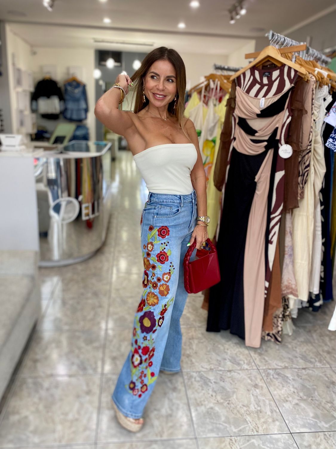 Denim Blue Side Flower Details Jeans 