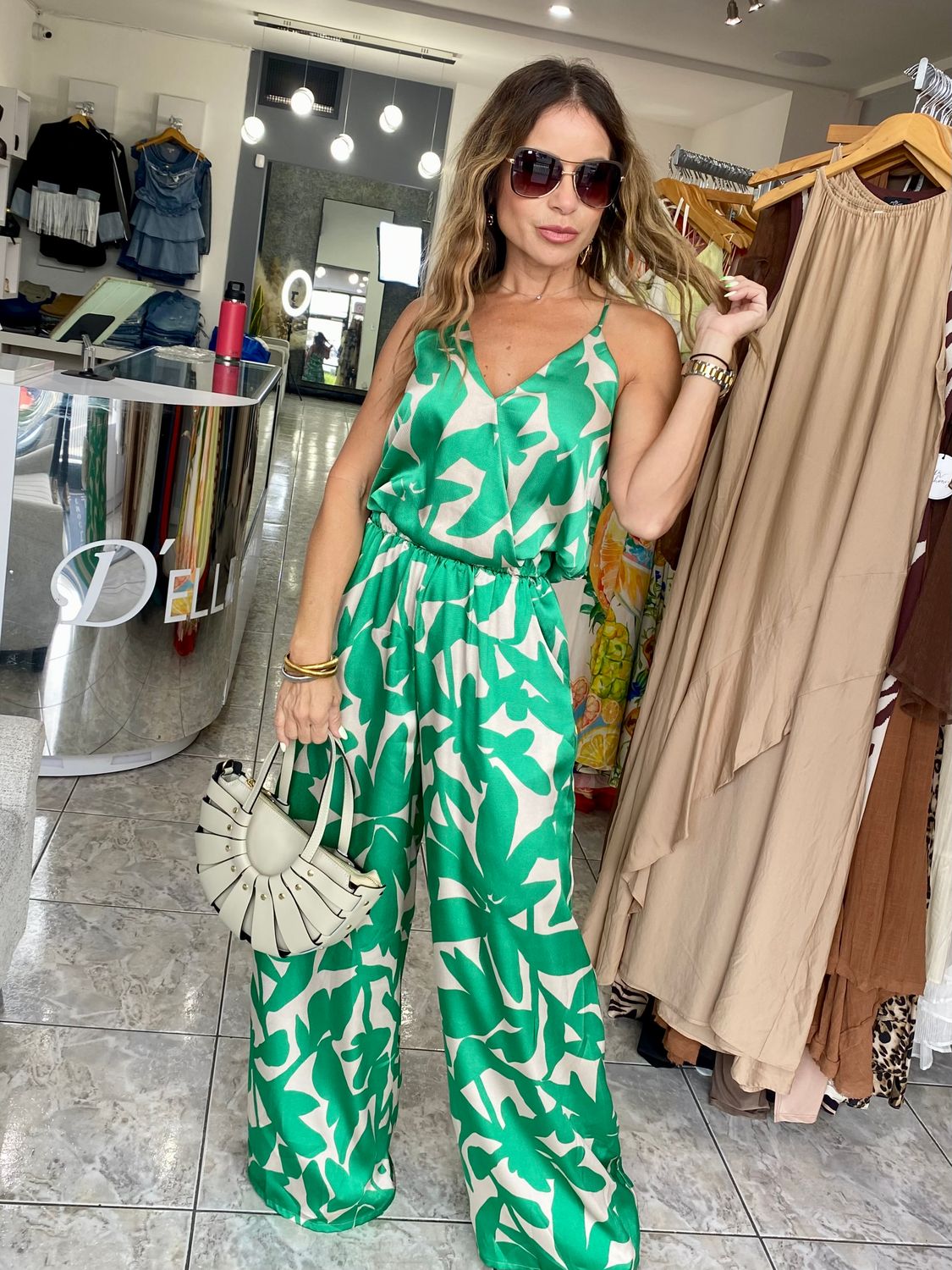 Green Satin Crop Top And Pants Set