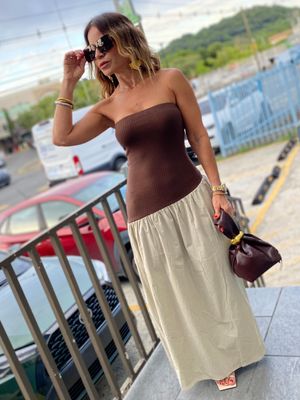 Brown/Taupe Asymmetrical Knit Contrast Dress