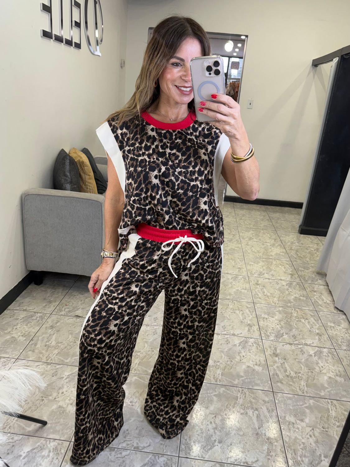 Leopard Detail Red Pant Set