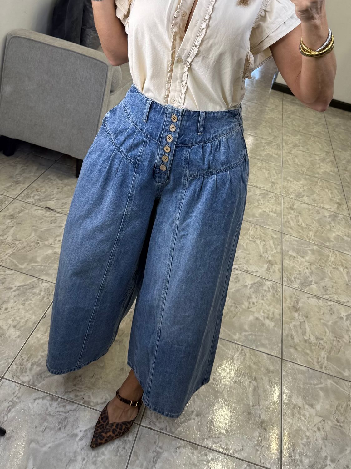 Denim Blue Cropped Cullotes Jeans