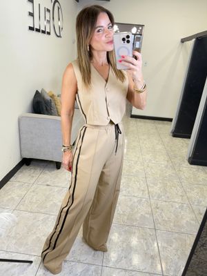 Taupe/black Stripes Vest And Pants Set