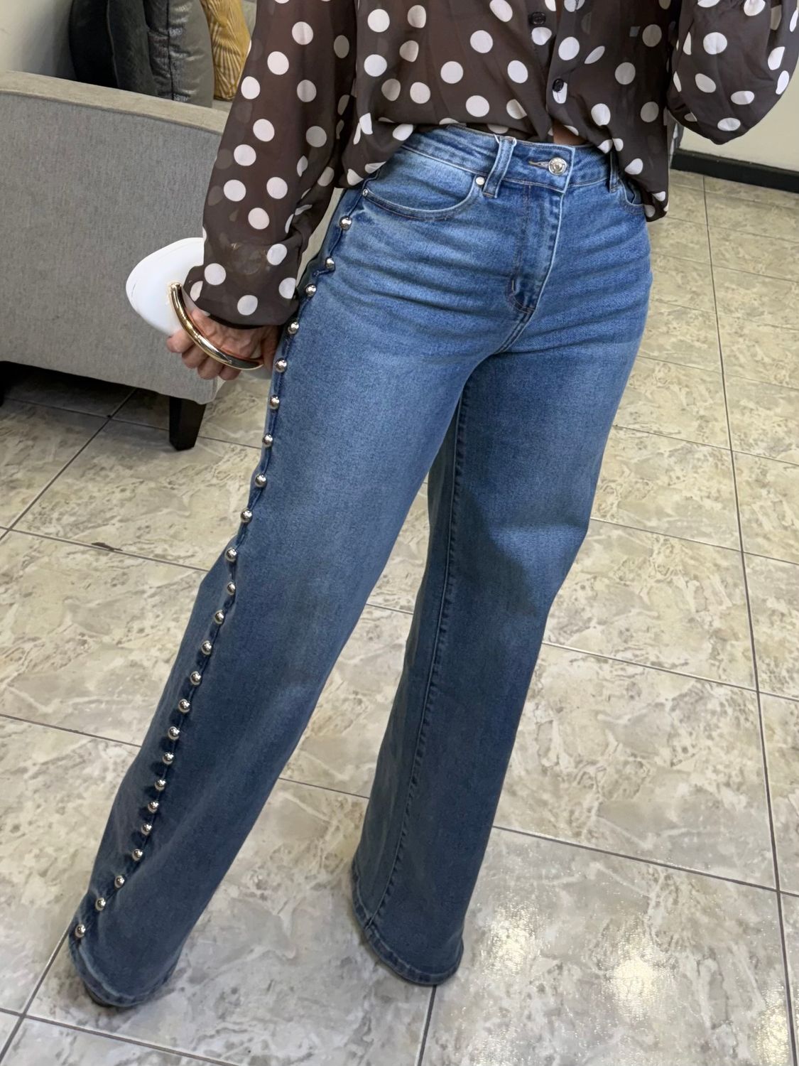 Denim Blue Studded Stretch Jean
