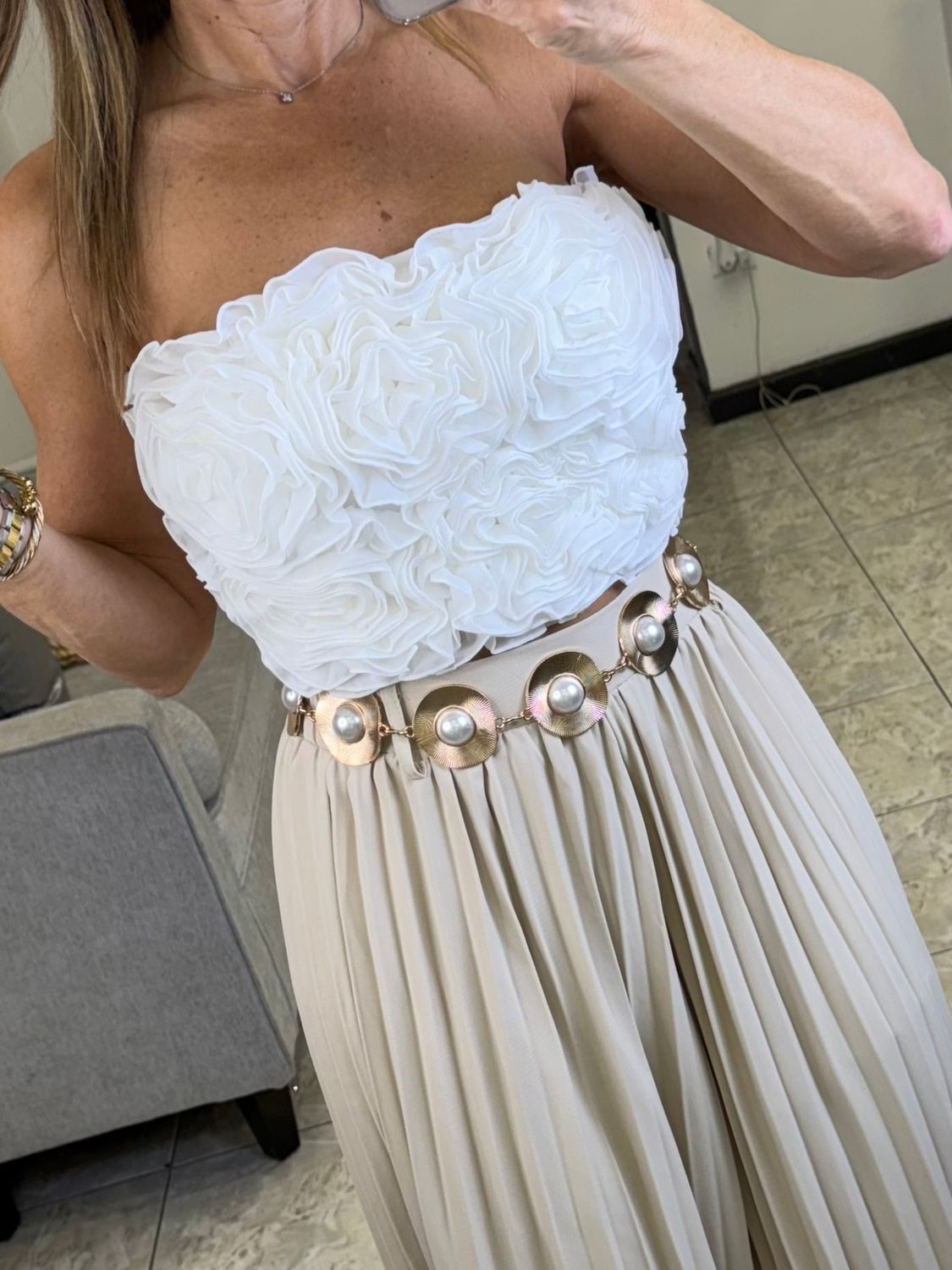 Off White Or Mocha Ruffles Floral Top
