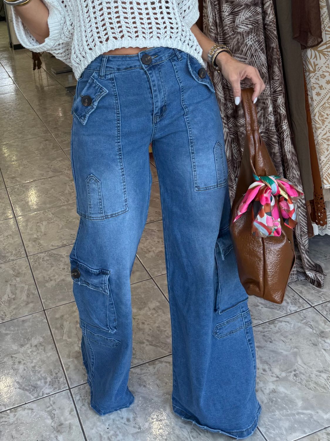 Medium Denim Blue Cargo Wide Leg Jeans
