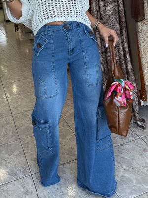 Medium or Light Denim Blue Cargo Wide Leg Jeans